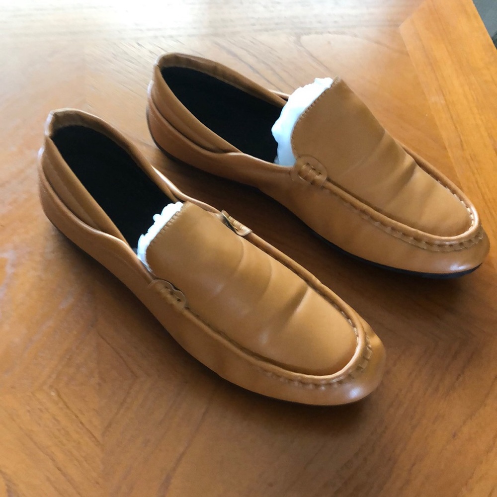Men’s soft leather slip on shoes. Size 8.5. Yellowish tan.  NEW!!!
